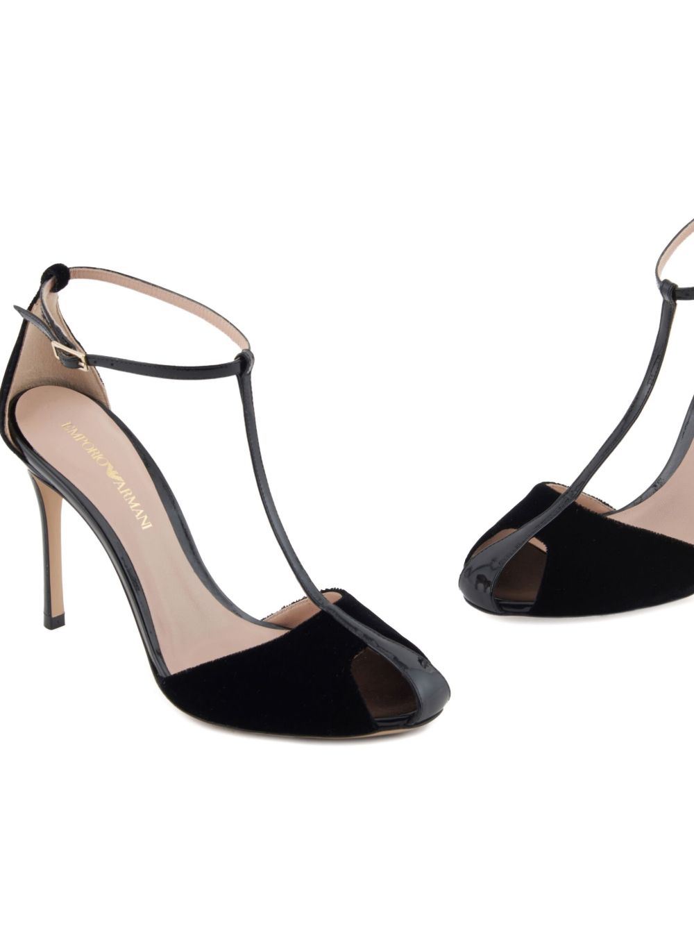 Emporio Armani T-Bar Velvet Stiletto Sandals Black