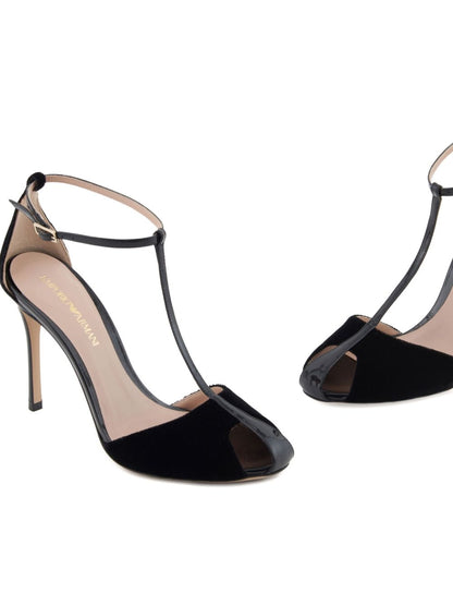 Emporio Armani T-Bar Velvet Stiletto Sandals Black