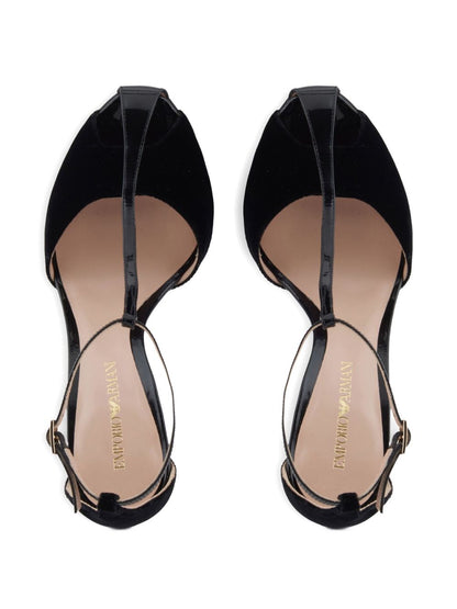 Emporio Armani T-Bar Velvet Stiletto Sandals Black