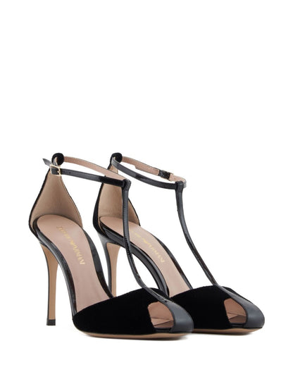 Emporio Armani T-Bar Velvet Stiletto Sandals Black