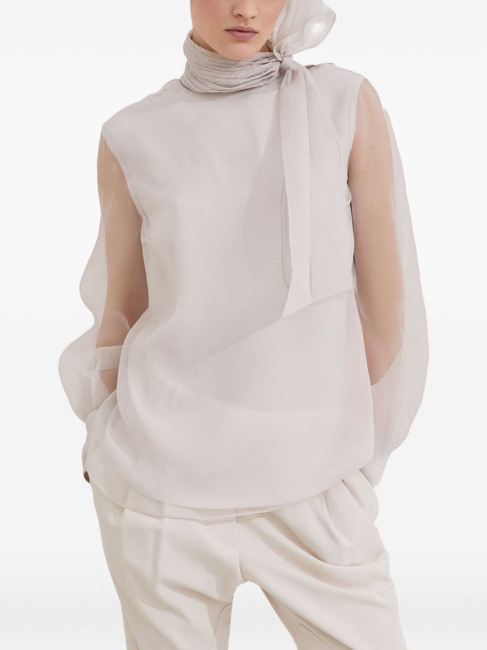 Brunello Cucinelli Ivory Silk High-Neck Puff-Sleeve Blouse Ivory
