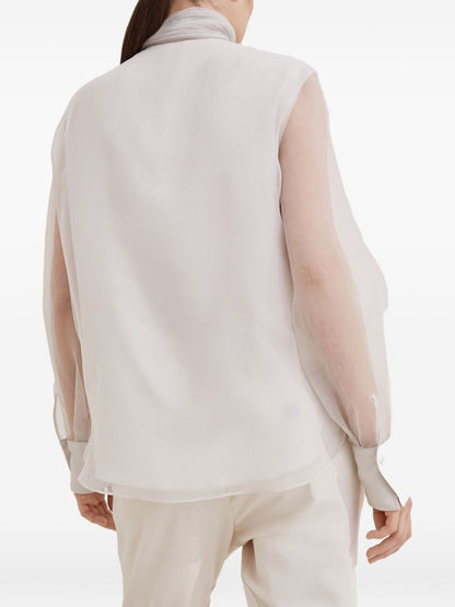 Brunello Cucinelli Ivory Silk High-Neck Puff-Sleeve Blouse Ivory