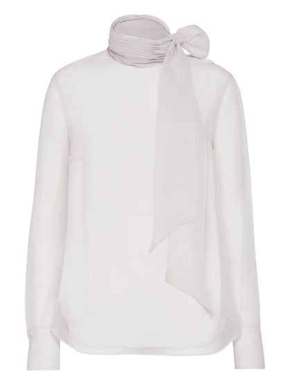 Brunello Cucinelli Ivory Silk High-Neck Puff-Sleeve Blouse Ivory