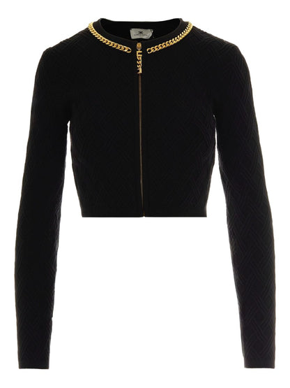 Elisabetta Franchi Cropped Diamond-Knit Cardigan with Gold-Tone Zip Black Black