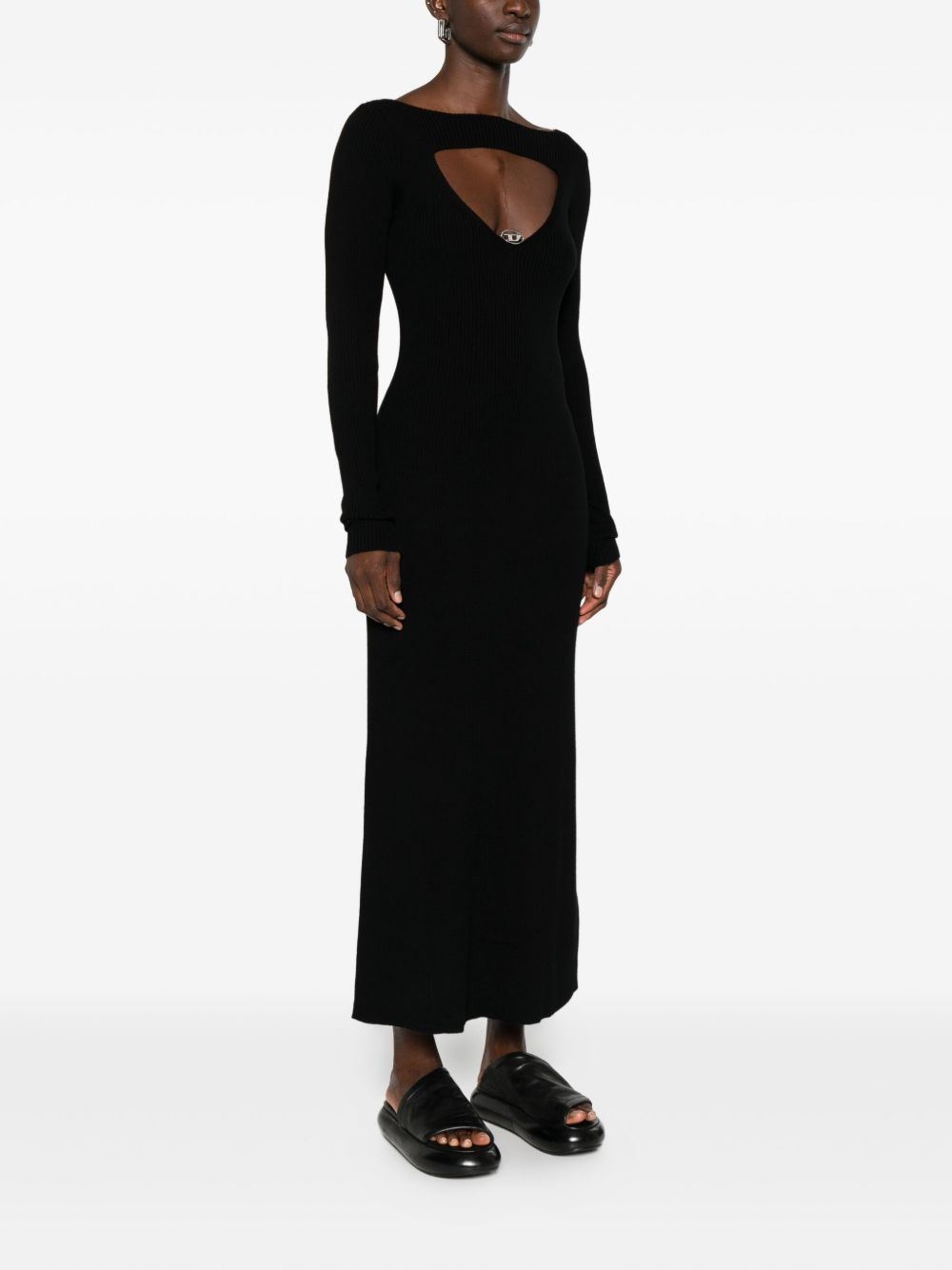 Diesel Ribbed Wool Midi Dress with Logo Black Black