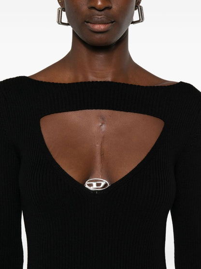 Diesel Ribbed Wool Midi Dress with Logo Black Black