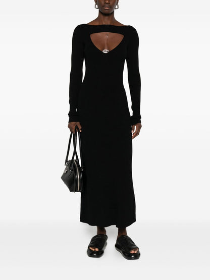 Diesel Ribbed Wool Midi Dress with Logo Black Black