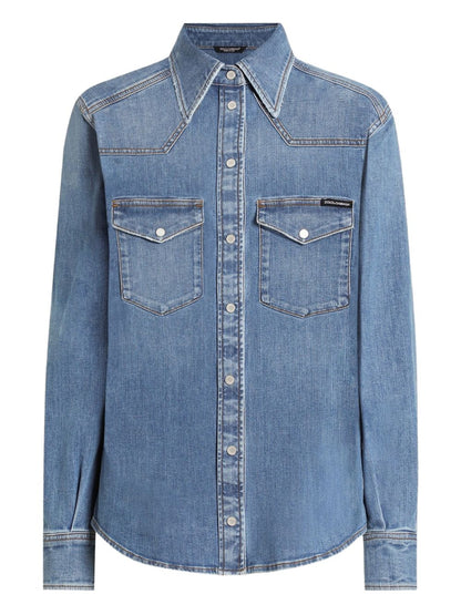 Dolce &amp; Gabbana Light Blue Denim Cotton Shirt with Chest Pockets Clear Blue
