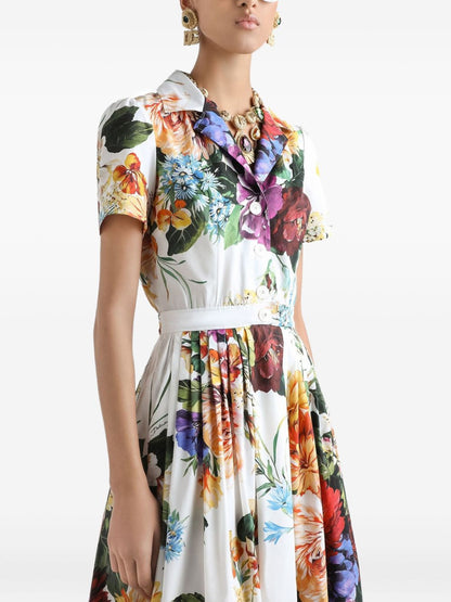 Dolce &amp; Gabbana Poplin Midi Dress with Floral Bouquet Print White