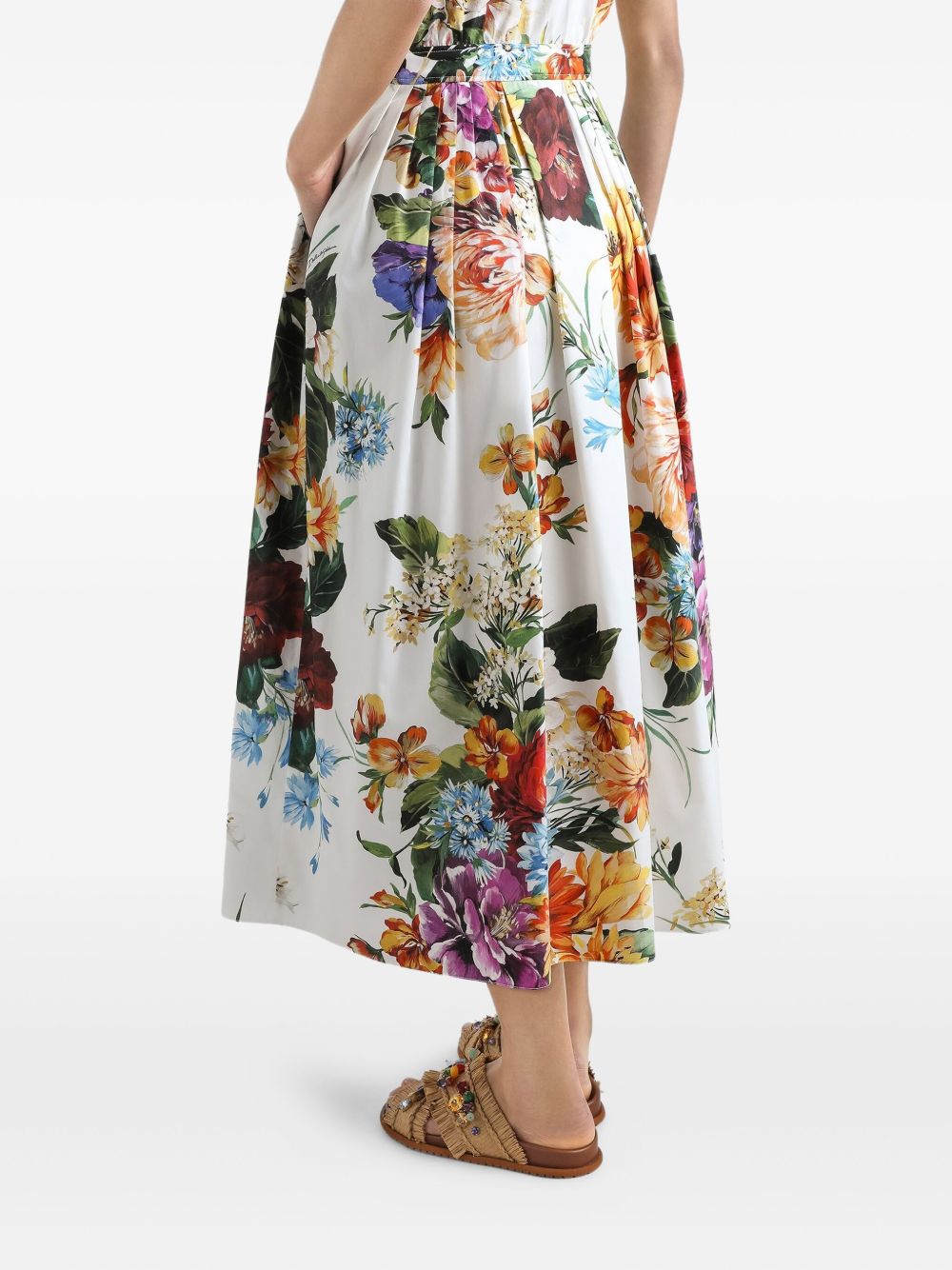 Dolce &amp; Gabbana Poplin Midi Dress with Floral Bouquet Print White