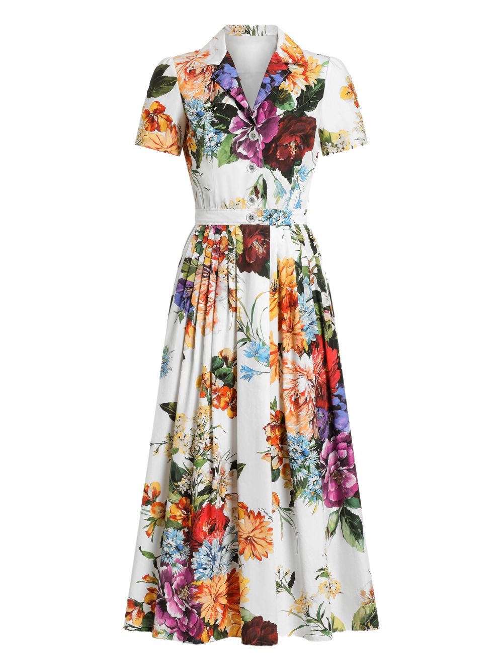 Dolce &amp; Gabbana Poplin Midi Dress with Floral Bouquet Print White