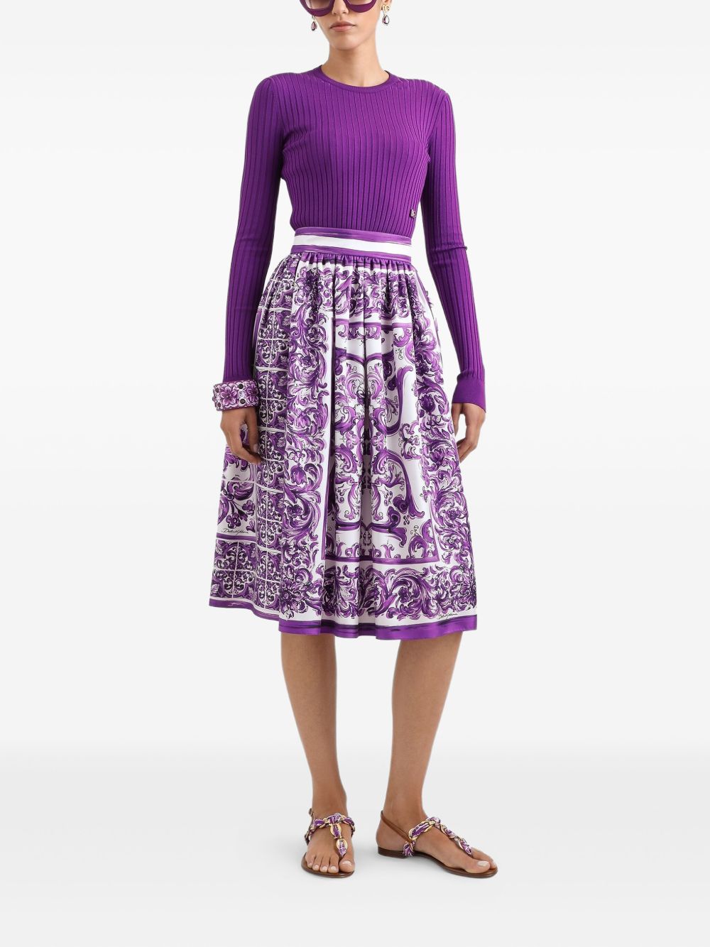 Dolce &amp; Gabbana Maiolica-print flared silk midi skirt purple