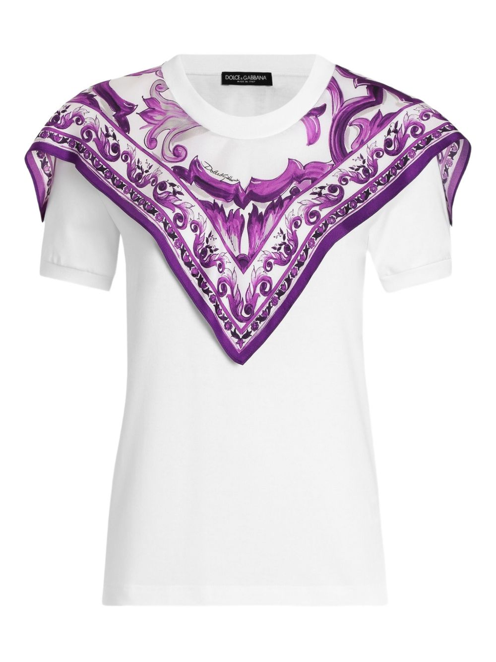 Dolce &amp; Gabbana Majolica Scarf-Panel Cotton-Silk T-Shirt White