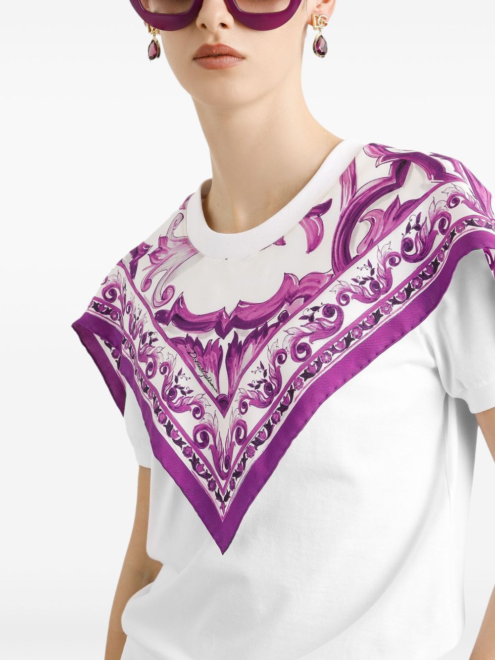 Dolce &amp; Gabbana Majolica Scarf-Panel Cotton-Silk T-Shirt White