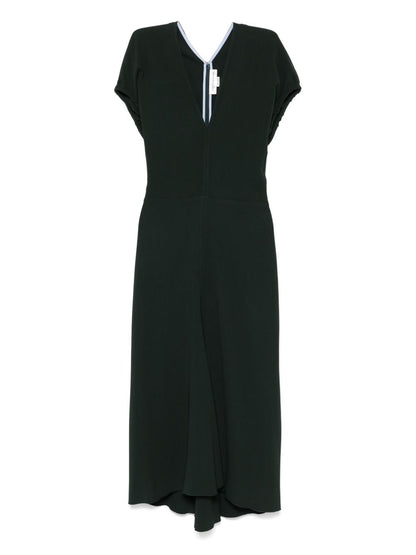 Victoria Beckham Draped V-Neck Dark Green Fitted Midi Dress Green
