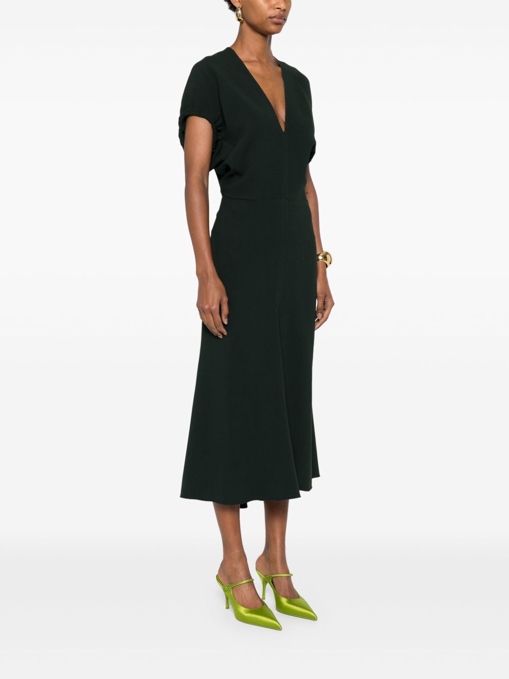 Victoria Beckham Draped V-Neck Dark Green Fitted Midi Dress Green