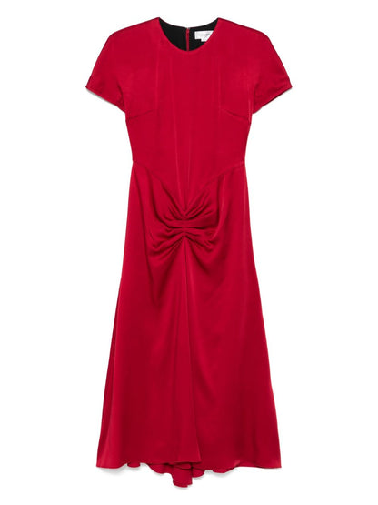 Victoria Beckham Crew-Neck Red Midi Dress with Curved Hem Red