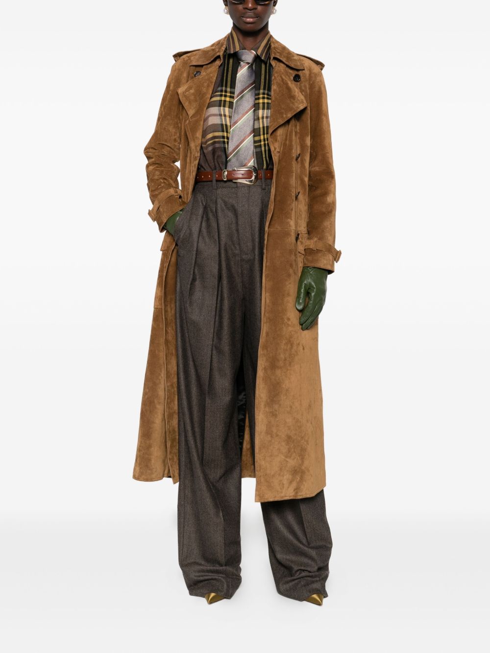 Saint Laurent Double-Breasted Suede Leather Trench Coat Light Brown