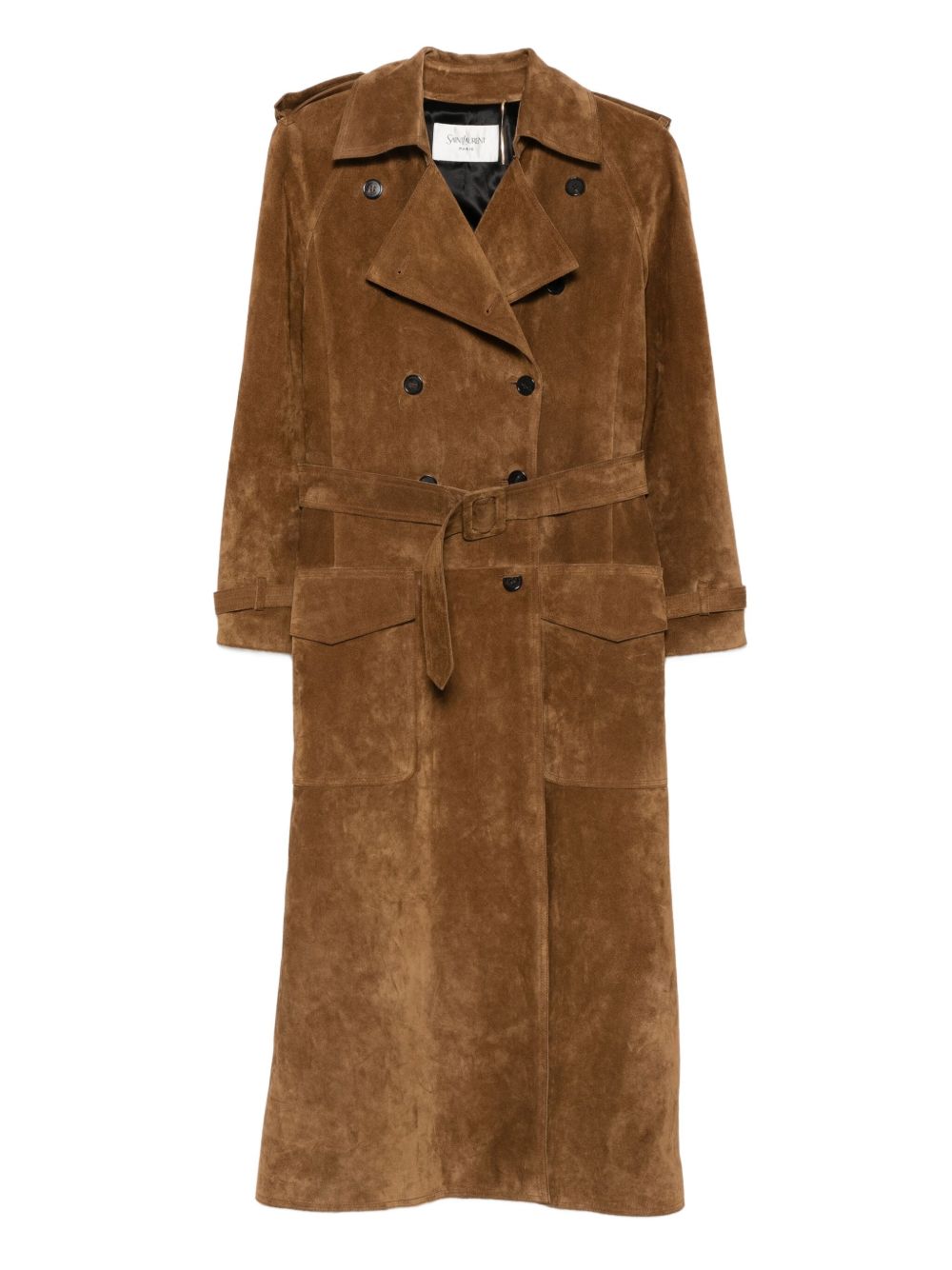 Saint Laurent Double-Breasted Suede Leather Trench Coat Light Brown