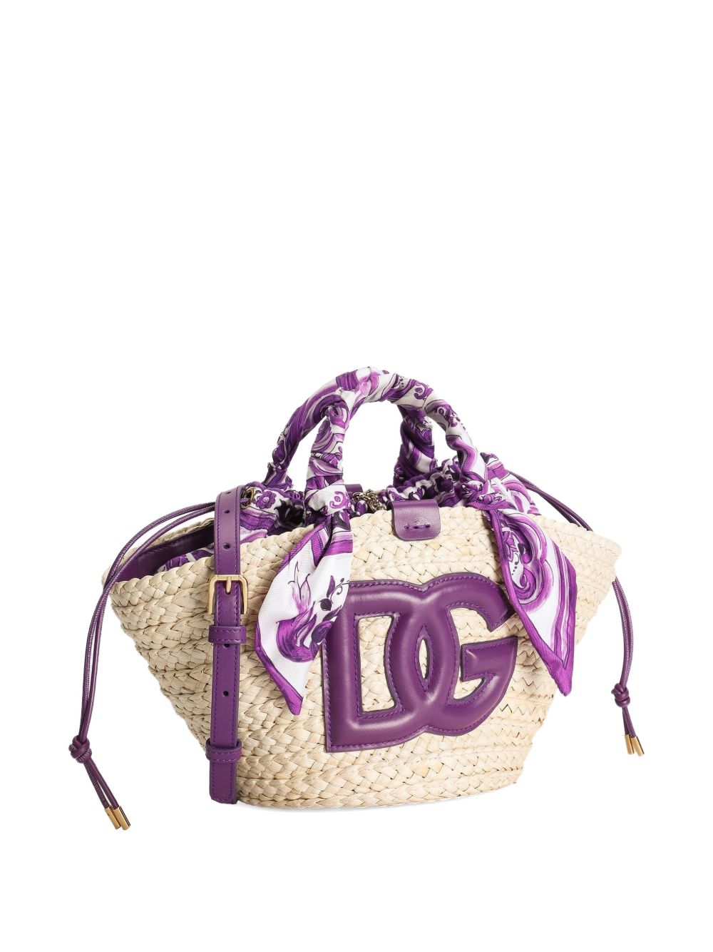 Dolce &amp; Gabbana Straw Kendra Small Tote Bag with Scarf Accent Purple