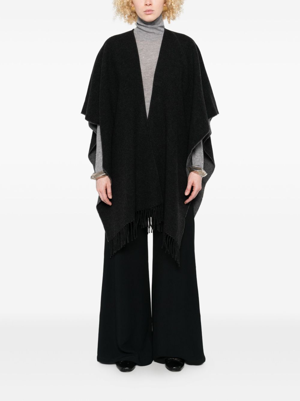 Fabiana Filippi V-Neck Fringed Wool Wrap Poncho Grey Grey