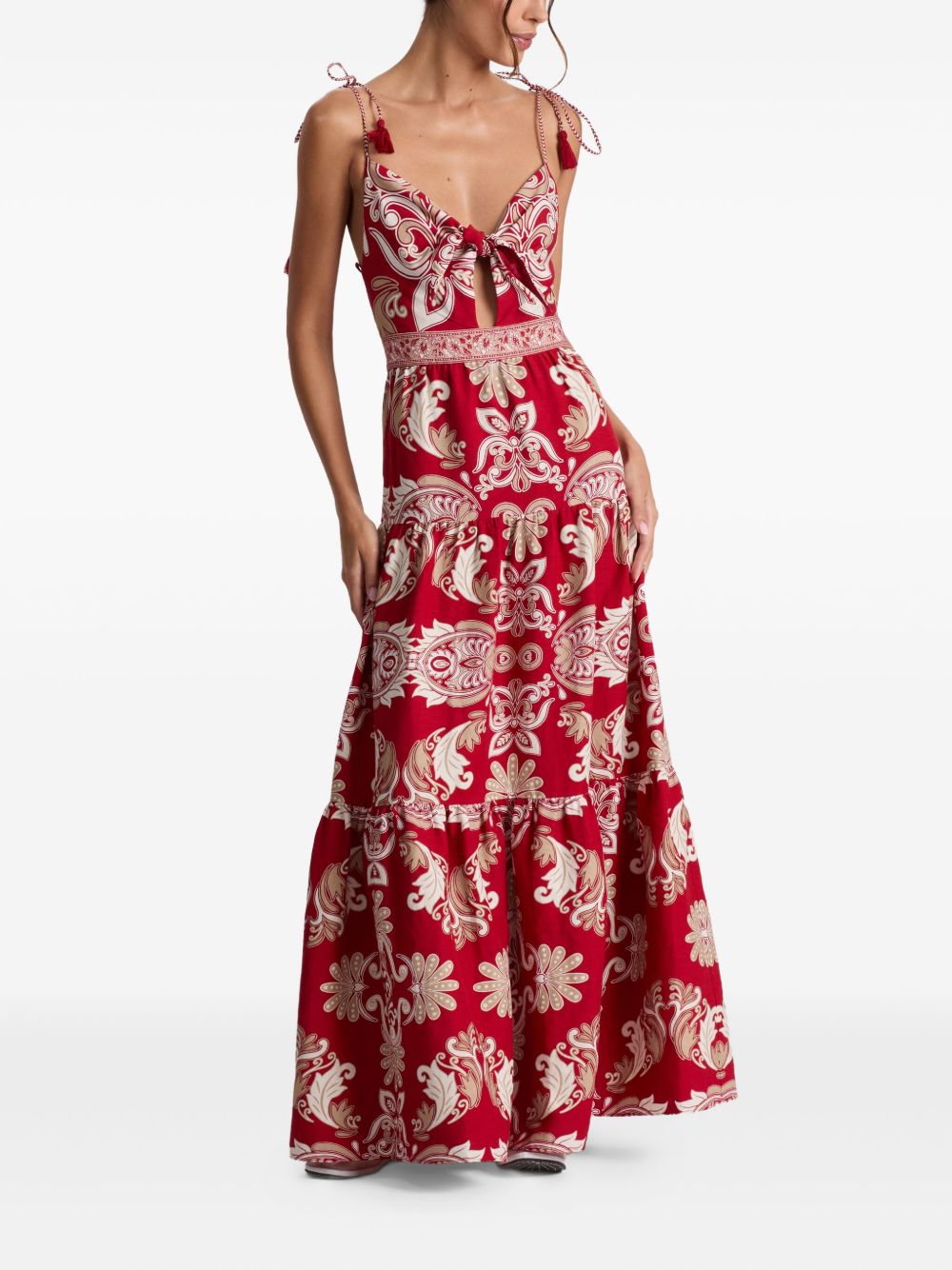 Alice + Olivia Paisley Short Dress with Front Tie and Tassel Red