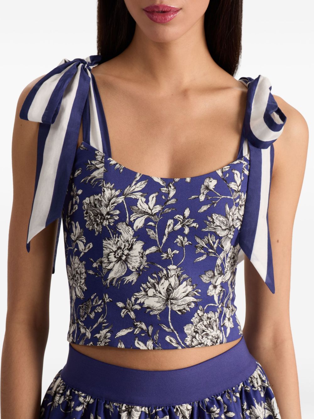 Alice + Olivia Floral Print Scoop-Neck Tie-Strap Cotton Top Blue