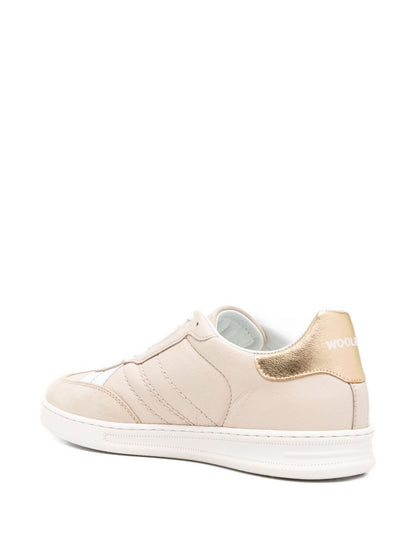 Woolrich Calf Leather Sneakers with White Stripe and Gold Heel Tab Powder Powder