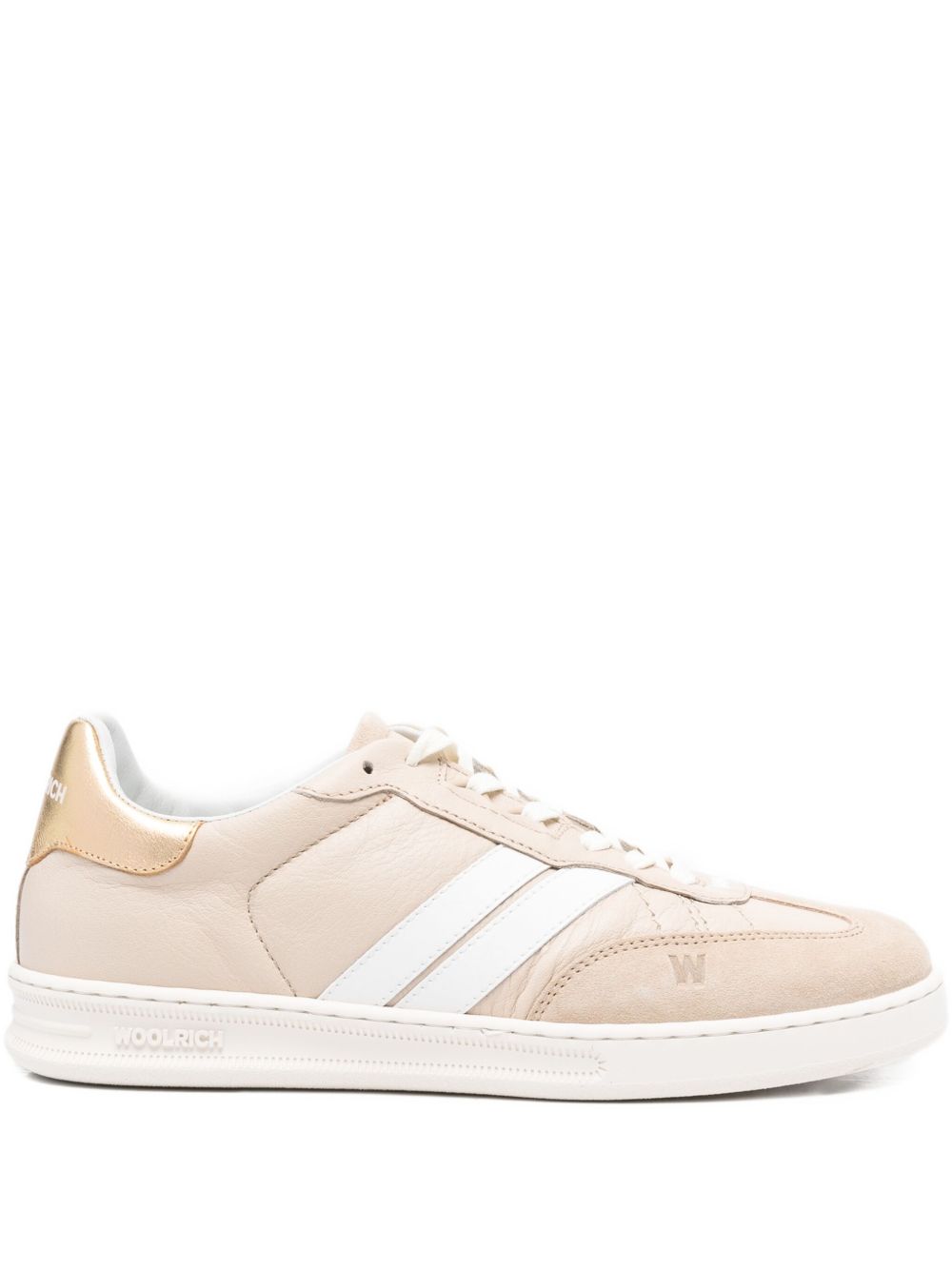 Woolrich Calf Leather Sneakers with White Stripe and Gold Heel Tab Powder Powder