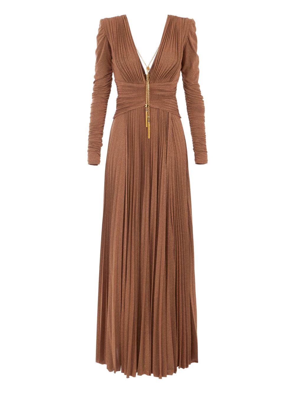 Elisabetta Franchi Pleated Long-Sleeve V-Neck Dress with Gold Chain Light Brown