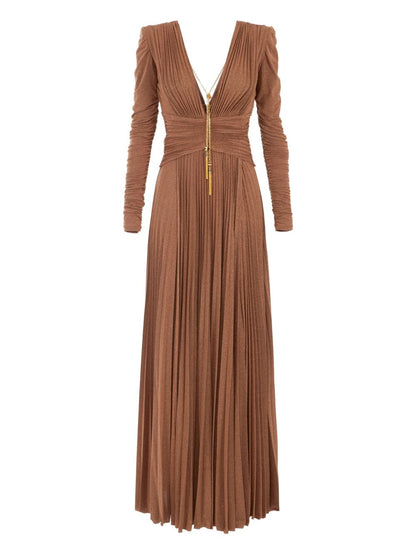 Elisabetta Franchi Pleated Long-Sleeve V-Neck Dress with Gold Chain Light Brown