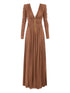 Elisabetta Franchi Pleated Long-Sleeve V-Neck Dress with Gold Chain Light Brown