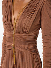 Elisabetta Franchi Pleated Long-Sleeve V-Neck Dress with Gold Chain Light Brown