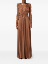 Elisabetta Franchi Pleated Long-Sleeve V-Neck Dress with Gold Chain Light Brown