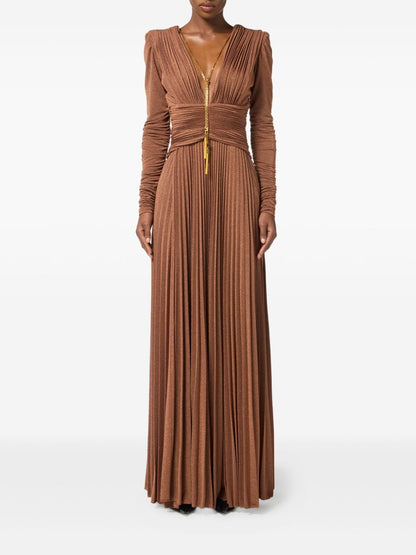Elisabetta Franchi Pleated Long-Sleeve V-Neck Dress with Gold Chain Light Brown
