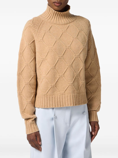 Elisabetta Franchi Crewneck Wool-Cashmere Blend Sweater Beige