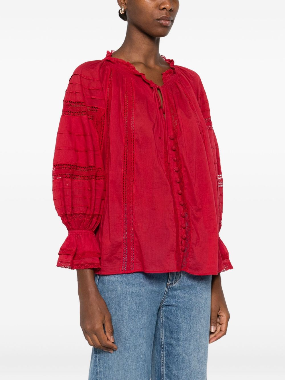 Alice + Olivia Josephine Red Cotton Blouse with Lace and Ruffled Cuffs Red