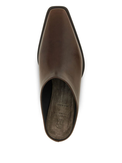 Brunello Cucinelli Square-Toe Calf Leather Sandals Brown