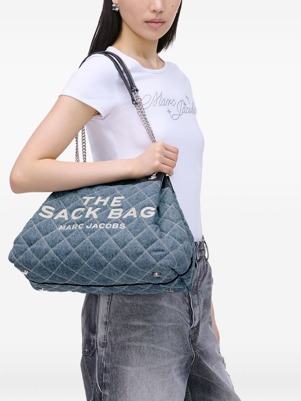 Marc Jacobs The Quilted Denim Large Chain Sack Shoulder Bag Clear Blue