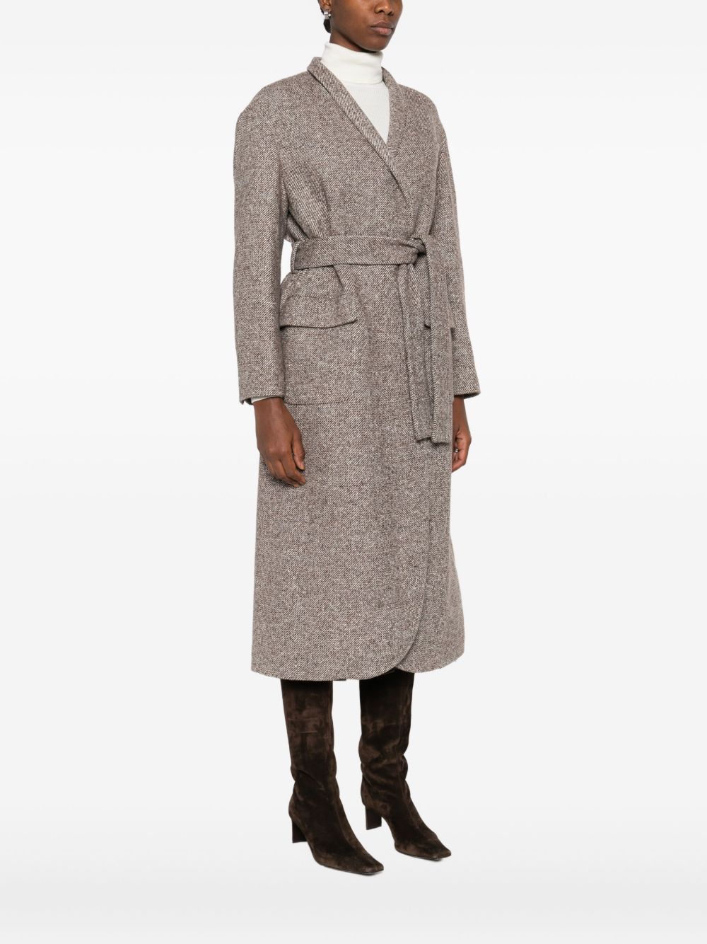 Brunello Cucinelli Tweed Wool Belted Coat Brown
