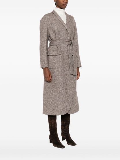 Brunello Cucinelli Tweed Wool Belted Coat Brown