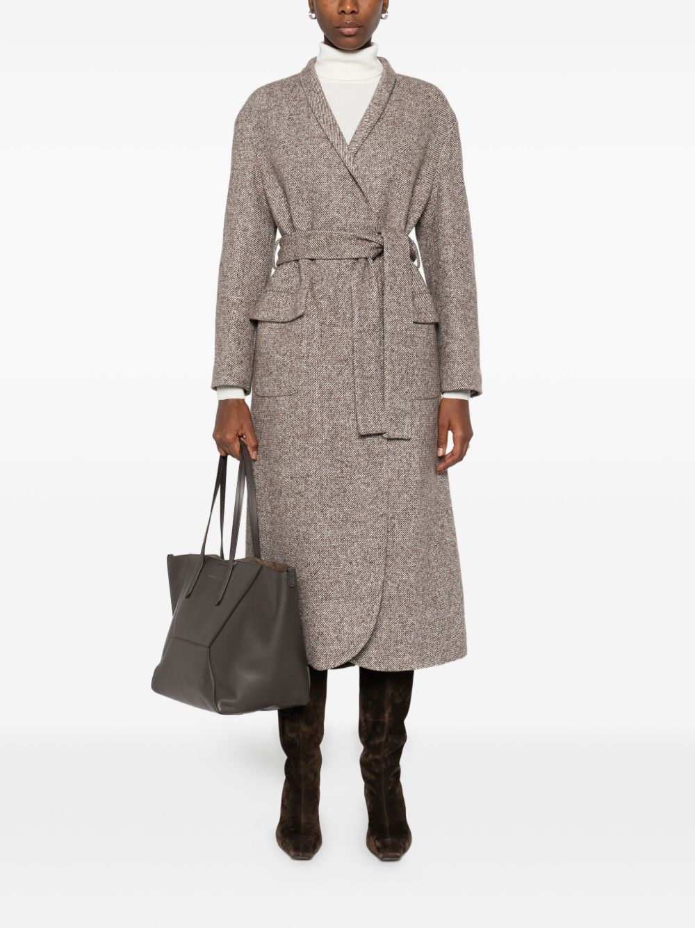 Brunello Cucinelli Tweed Wool Belted Coat Brown
