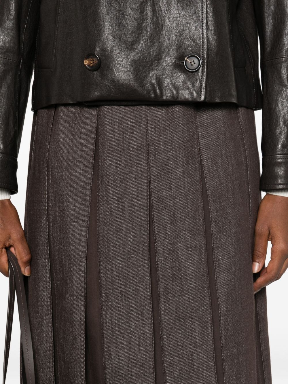 Brunello Cucinelli Mid-Length Pleated Silk-Blend Denim Skirt Brown