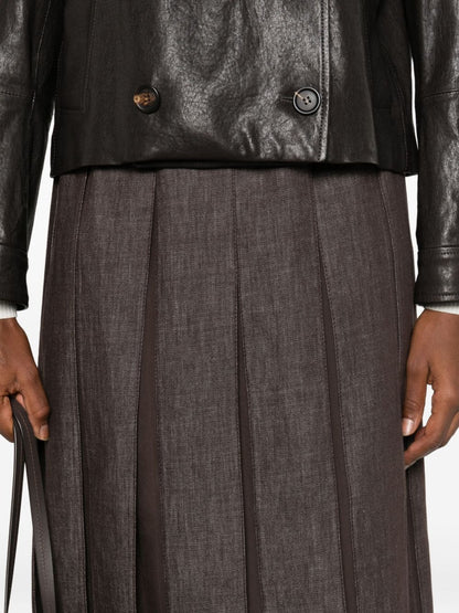 Brunello Cucinelli Mid-Length Pleated Silk-Blend Denim Skirt Brown