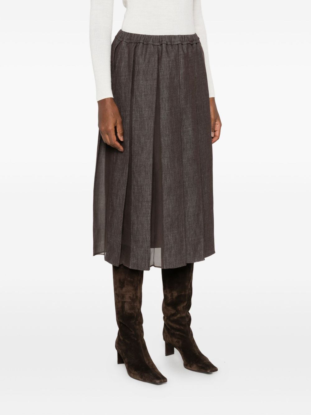 Brunello Cucinelli Mid-Length Pleated Silk-Blend Denim Skirt Brown