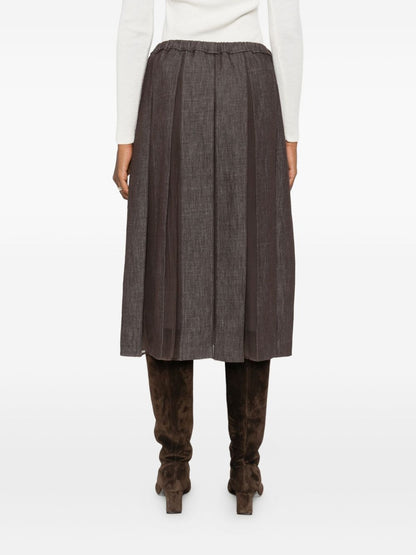 Brunello Cucinelli Mid-Length Pleated Silk-Blend Denim Skirt Brown