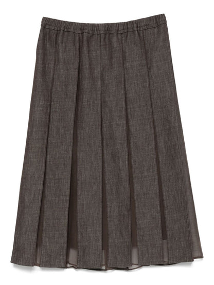 Brunello Cucinelli Mid-Length Pleated Silk-Blend Denim Skirt Brown