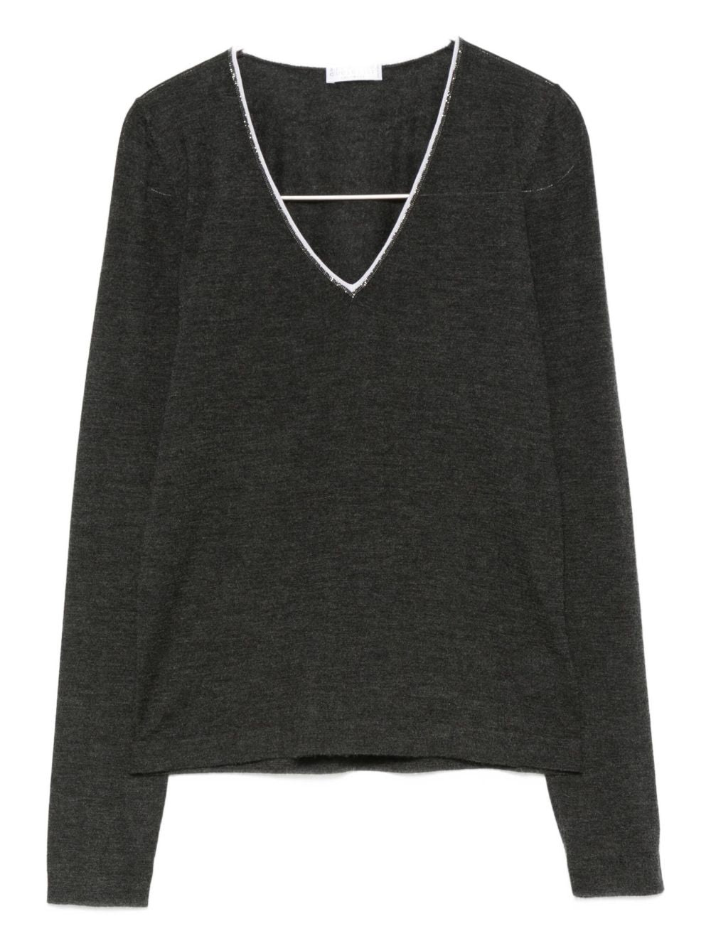 Brunello Cucinelli V-Neck Embellished Cashmere-Silk Sweater Grey Grey