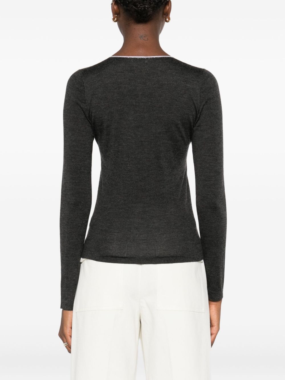 Brunello Cucinelli V-Neck Embellished Cashmere-Silk Sweater Grey Grey