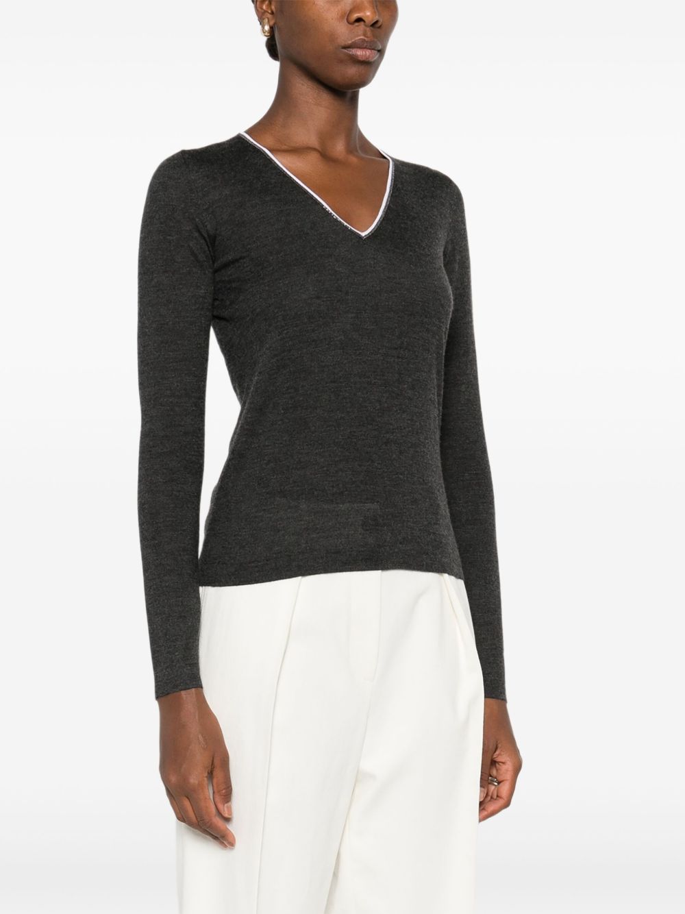 Brunello Cucinelli V-Neck Embellished Cashmere-Silk Sweater Grey Grey
